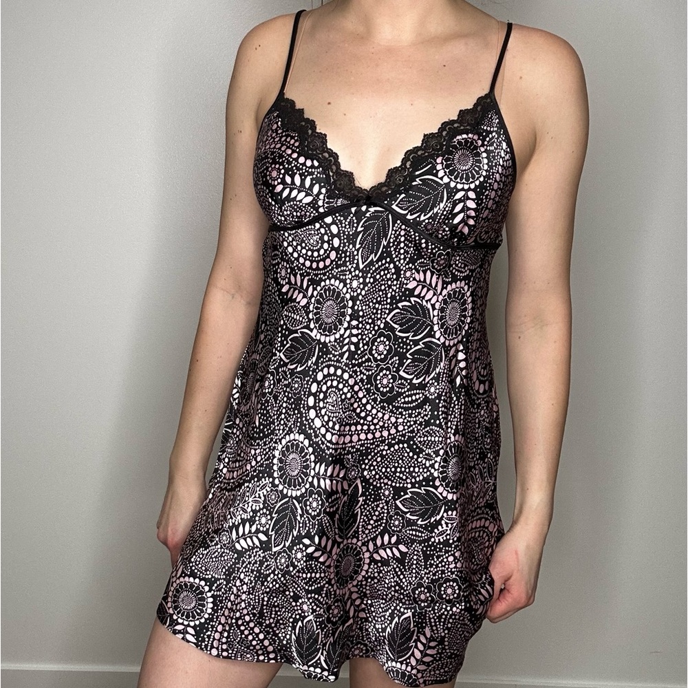 Gilligan & O’Malley Flower Silky Black Intimate Pink Slip Dress S